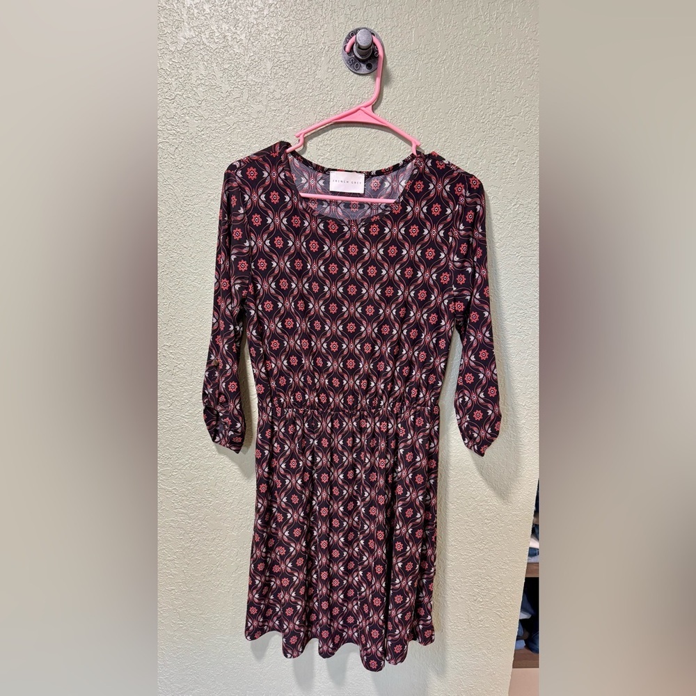 French Grey Black and Red Patterned Dress